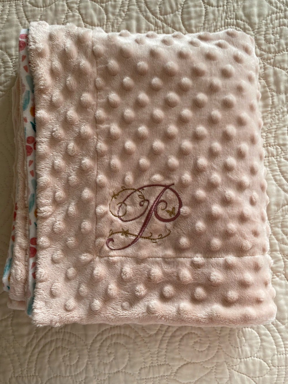 Blush Pink Minky Dot & Cotton Meadow Baby Blanket with Embroidered ‘P’ Monogram